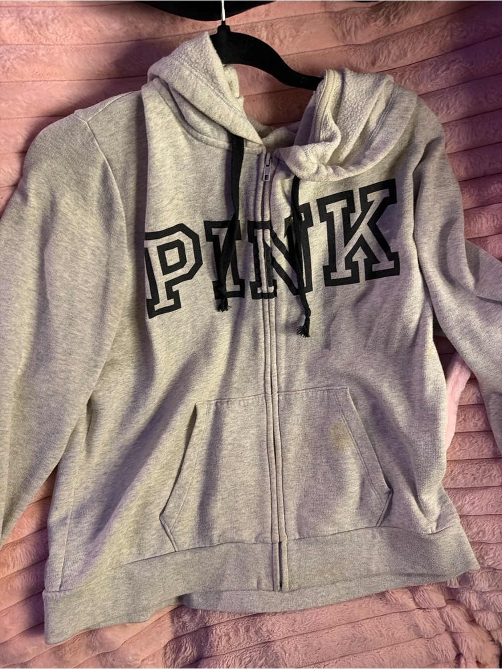 PINK Victoria's Secret Light Gray Zip-Up Hoodie with Black Logo